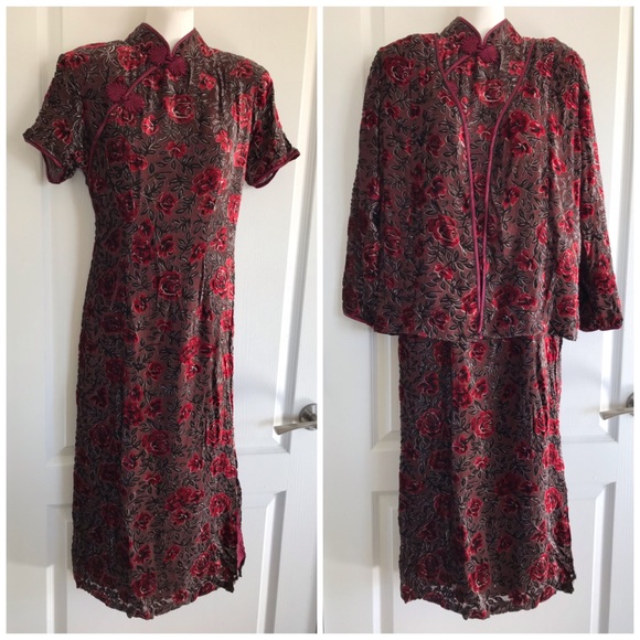 Burgundy Rose Floral Velvet High Neck Dress with Long Sleeve Jacket - Picture 1 of 4